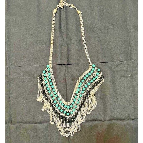 Boho Glam Chic Silver w/Turquoise & Black Beads Waterfall Necklace w/Claw Clasp - Picture 2 of 3